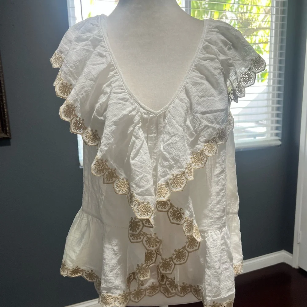Max Studio Cream Ruffle Blouse. Size L - Picture 2 of 6